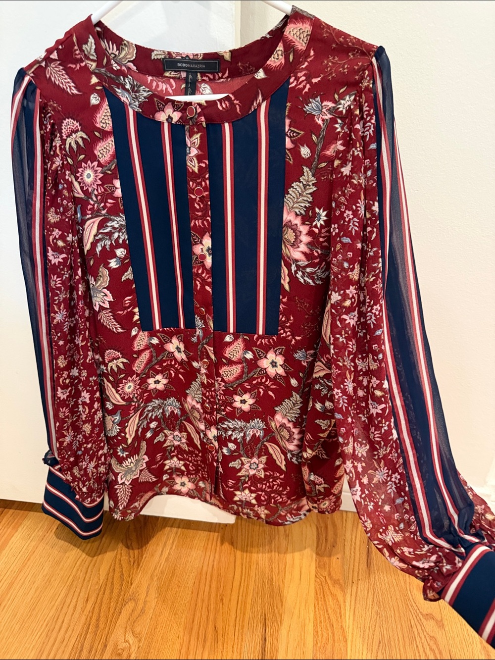 BCBGMaxAzria Burgundy Floral Stripe Mix Blouse